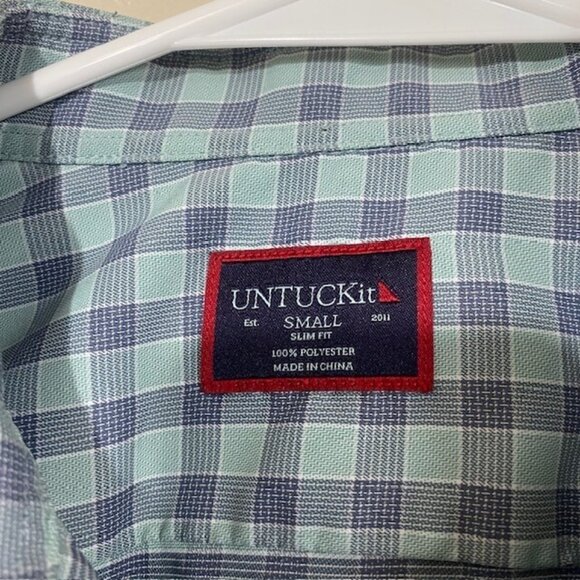 UnTuckit Shirt Mens Small Slim Polyester Stretch Button Long Sleeve Green Blue - Picture 3 of 5